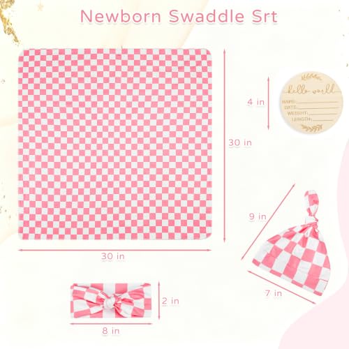 Image of TANOFAR 4-Pack Newborn Swaddle Blanket for Baby Girls & Boys, Ultra Soft Receiving Blankets with Matching Headband and Beanie Set Baby Nursery Swaddle Wrap, Pink Checkerboard