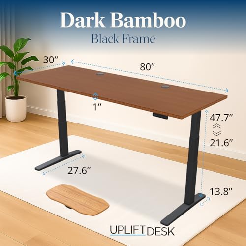 Image of UPLIFT DESK Dark Bamboo (80 x 30 inch) Standing Desk 2-Leg V3 Adjustable Stand Up C-Frame (Black), Advanced Keypad, Wire Grommets, Wire Tray, Rocker Board