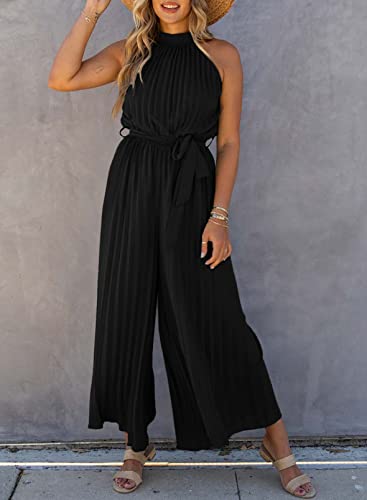 Happy Sailed Womens Jumpsuits Casual Summer Sleeveless Halter Neck Wide Leg Pants Romper Chiffon Jumpsuit Trendy Summer One Piece Outfits 2023 Black 2X-Large #TOP3