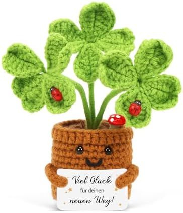 HUKUMA Glücksbringer Gestrickte Vierblättriges, Pocket Hug Positive Gehäkelte Blume, Häkelblumen Abschiedsgeschenk Kollegen, Neuer Job Geschenke Positive Kartoffel, Abschied Kolleg
