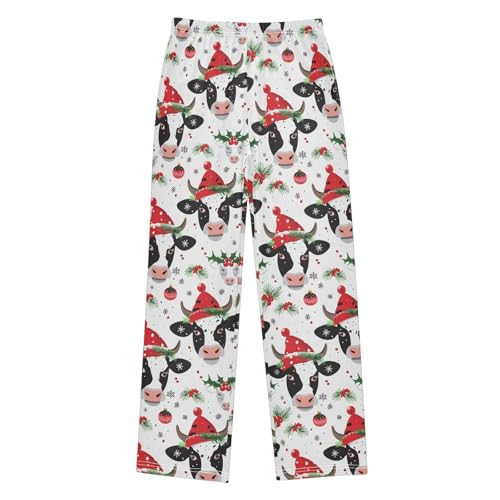 ZZXXB Cow with Xmas Hat Boys Long Pants Soft Trousers Elastic Waist Kids Lounge Bottoms with Pockets S-XL