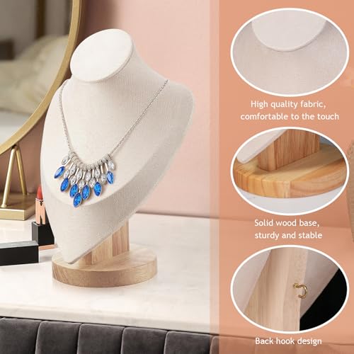 UgyDuky 2 Pcs Bust Necklace Display Stand Jewelry Display, Bust Jewelry Holder for Show, Wood Bottom Velvet Necklace Mannequin for Jewellery, Pendant Chain Organizer for Women (Beige) by UgyDuky - Image 3
