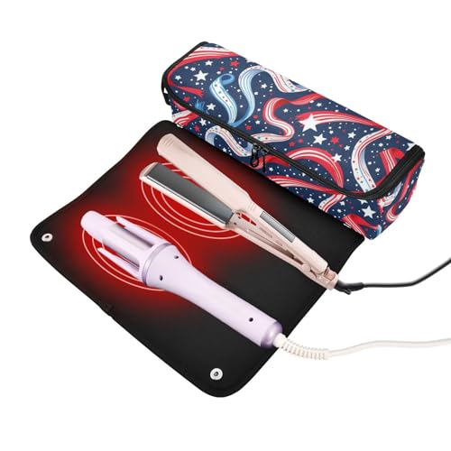 Estuche de viaje 2 en 1 para rizador con almohadilla resistente al calor y doble capa para planchas, rizadores, secador de cabello, patrón de cintas patrióticas y confeti portátil miniatura 2