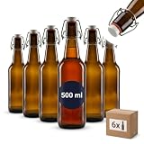 gouveo Lot de 6 bouteilles en verre 500 ml antique avec bouchon pivotant - Bouteilles en verre brun de 0,5 l à remplir - Bouteilles à bouchon mécanique pour jus, bière et boissons maison (BF500A)