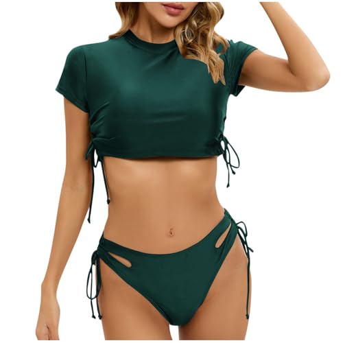 Women's Short Sleeve Rash Guard Swimsuit and Matching Cut Out Tie Side Bottom 2 Piece Fashion Drawstring Bathing Suit Dark Blue