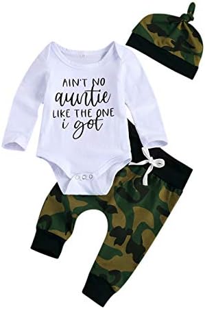 Nyaon Aint No Auntie Like The One I Got Newborn Baby Boy Aunties Sayings Bodysuit Top Camouflage Pants + Hats Romper Outfits White Anutie Long Sleeve 6-12 Months