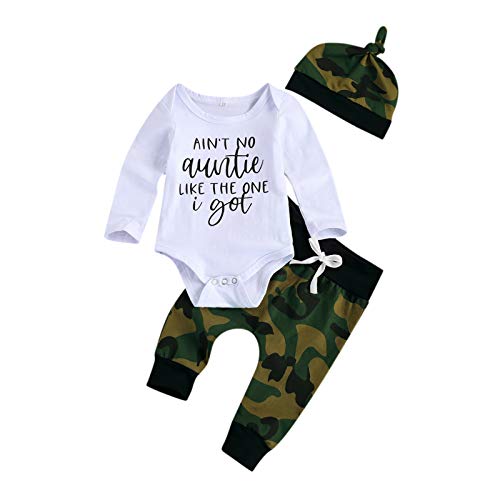 Nyaon Aint No Auntie Like The One I Got Newborn Baby Boy Aunties Sayings Bodysuit Top Camouflage Pants + Hats Romper Outfits White Anutie Long Sleeve 6-12 Months #TOP1