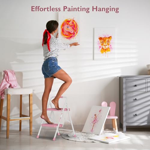 Image of BONTEC 2-Step Ladder, Folding Step Stools for Adults with Wide Anti-Slip Pedals, Max Load Capacity 600lbs Sturdy Steel Ladder, Lightweight, Convenient Handle, Portable Steel Step Stool, Pink