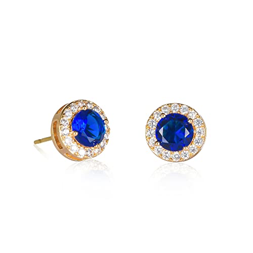 Image of ZAVANA Gold and Blue Earrings for Women and Teen Girls in a Halo Design, Gold Stud Earrings for Women set with Sapphire Blue Cubic Zirconia Stones, Gold Plated Round Studs with Blue Stones