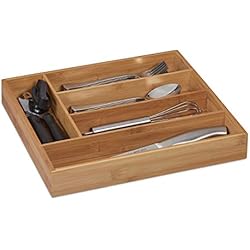 Relaxdays Cubertero Cajón Bambú, Organizador Cubiertos Madera, Pequeño, 5 Compartimentos, 5 x 30 x 34cm, Cocina, Natural