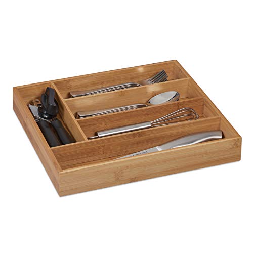 Relaxdays Cutlery Tray, 5 Compartments, Bamboo, 5 x 30 x 34 cm, Kitchen Drawer Insert for Silverware & Utensils, Natural