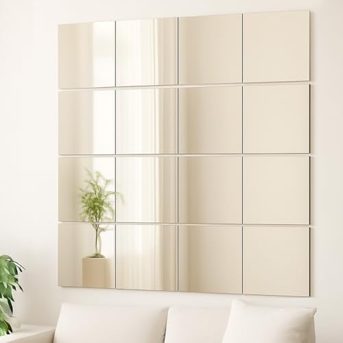 16Pcs Glass Mirror Tiles Self-Adhesive Mirrors Square Wall Mounted DIY Full Body Mirror Makeup Decor Mirrors for Bathroom Living Room Kitchen (30x30cm 16PCS)