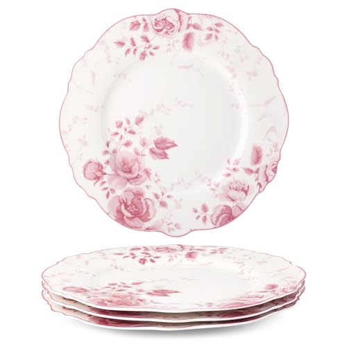 fanquare Set di 4 Piatti Piani Rosa con Motivi Floreali, 26,7 cm, Grandi Piatti Rotondi in Porcellana per Pasta, Antipasti e Bistecche, Adatti al Microonde e Lavabili in Lavastoviglie