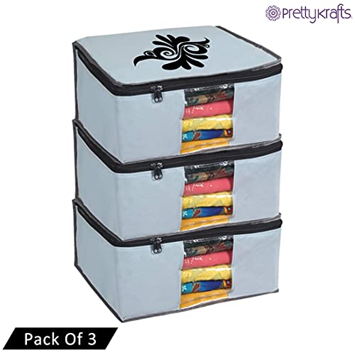 Image of PrettyKrafts Large Saree Cover With Creative Prints, Wardrobe Organiser, Clothes Cover & Storage, Zip Closure and Transparent Window | Clothes Storage Bag | Set of 3, Grey | Size: 40 x 35 x 20 cm