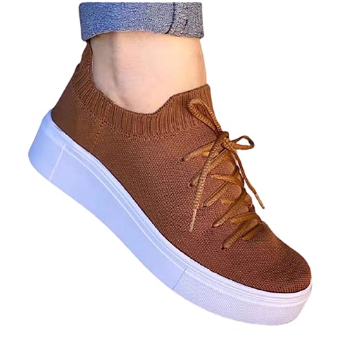 Zapatillas de deporte para mujer Zapatos de punto de punto para mujer zapatos vulcanizados para mujer Pisos causales femeninos 2021 Zapatos de deporte ocasionales livianos al aire libre,Marrón,40 Cover