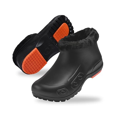 YUNGPRIME Men's Women's Fur Lined Non-Slip Clogs Waterproof Fleece Garden Shoes Winter Work Shoes Chef Shoes with Soft Fleece Lining