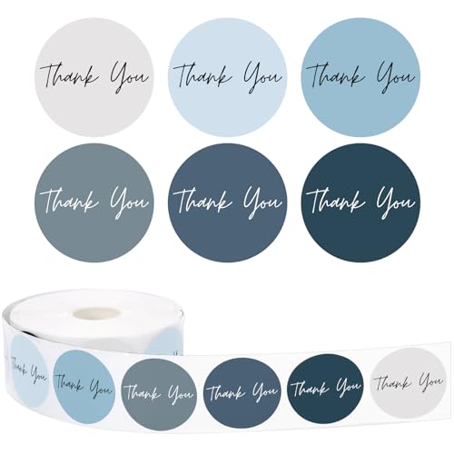Whaline 1000Pcs Dusty Blue Thank You Stickers Roll 1.5 Inch 6 Gradient Blue Colors Round Self-Adhesive Decal Labels for Small Business Gift Packaging Envelopes DIY Crafts Supplies