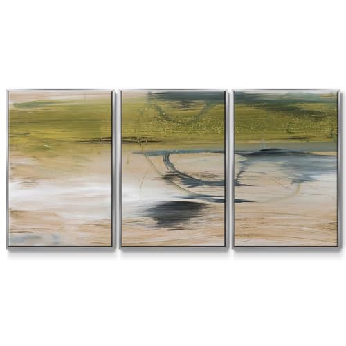 Renditions Gallery Abstract Wall Art Clear Lake and Green Grass Painting Modern Home Décor Artwork 3 Pieces of Silver Framed Canvas Prints Wall Decorations for Bathroom and Kitchen 16x24 Inch LS008
