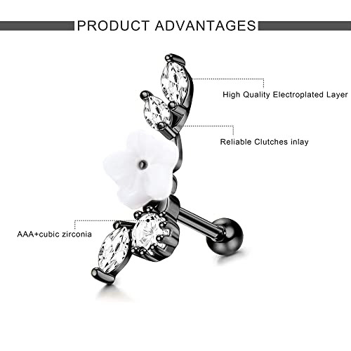 Jstyle 16G 316L Stainless Steel Long Cartilage Stud Earring For Women Men Flower Opal Cz Helix Conch Daith Tragus Ear Piercing Jewelry Stud Black Tone #TOP28