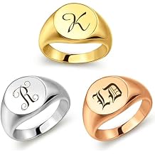 Anavia Personalized Initial Signet Ring, Customized Letter Laser Engraved Stainless Steel Gold Glossy Finish Round Signet Band Ring, Wedding Engagement Promise Ring for Women Men