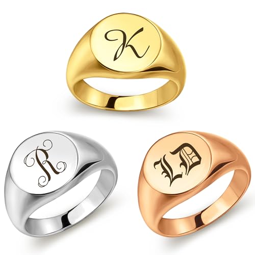 Anavia Personalized Initial Signet Ring, Customized Letter Laser Engraved Stainless Steel Gold Glossy Finish Round Signet Band Ring, Wedding Engagement Promise Ring for Women Men (Gold, US 11)