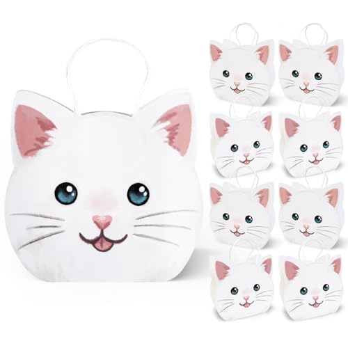 Cheerland White Cat Theme Party Favor Bags Kitten Birthday Gift Bags Treat Cat Shaped Goodie Bags for Pet Adoption Party Decorations Kids 1st Bday Baby Shower Decor Supplies 8 Pcs