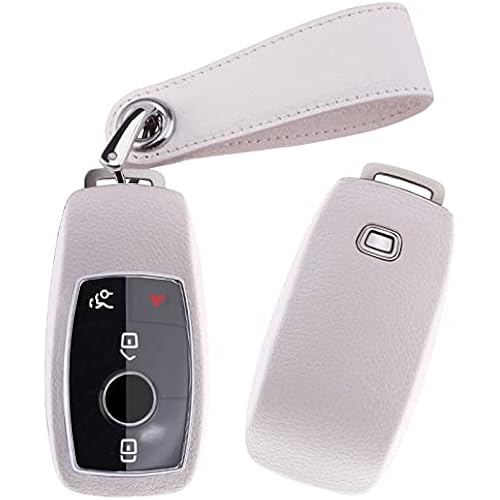 for Mercedes Key Fob Cover - Premium Material Key Fob Case with Leather Keychain Compatible with Mercedes-Benz 2019-2021 A-Class C-Class G-Class 2017-2020 E-Class S-Class (White)