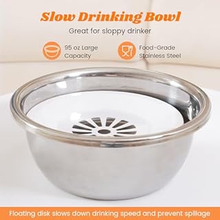 Pawque Raised 95oz Slow Drinking Dog Water Bowl No Spill for Medium Large Breed, Single Elevated Stainless Steel Water Bowl with Floating Disc, Stable Sturdy Base and Snap on Adjustable Height Stand