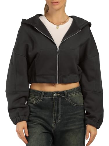 Design by Olivia Women's Zip Up Hoodies Cropped Sweatshirts Fleece Jackets Fall Outfits Casual Hooded Tops Winter Clothes Black L