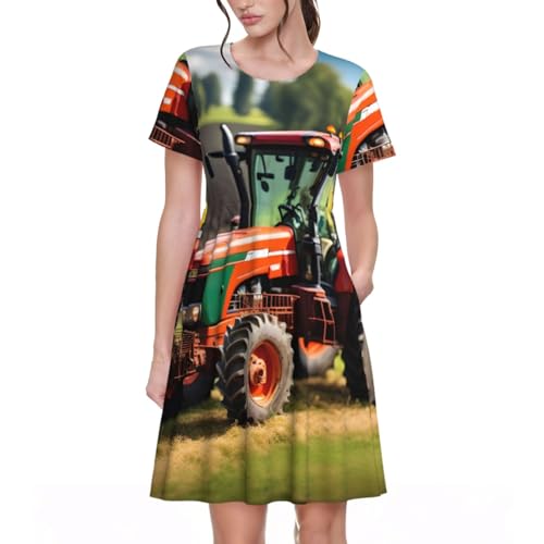 EdWal Company Farm Tractors - Vestido de verano para mujer, diseño floral, manga corta, cuello redondo, acampanado, vestido midi de verano, Negro, XXL