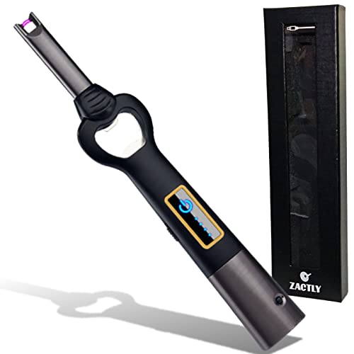 Zactly MODEL AL08 Electric Candle Arc Lighter Portable USB Rechargeable, Bottle Opener, LED Flashlight, Long Nose Windproof Flameless for Kitchen, BBQ, Camping, Hiking & Outdoor Survival Tool (BLACK)