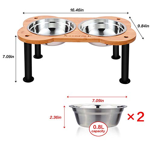 Elevated Dog Bowls, Unique Bone Shape Bamboo Raised Pet Bowls& Cats Dogs Food And Water Stand Pet Feeder, With 2-Pack Stainless Steel Bowls, For Pets Medium Dogs Cats, 16.46” W X 9.84” D X 7.09” H #TOP2