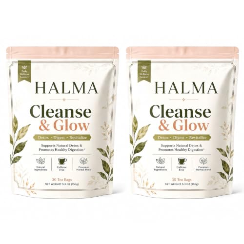 Halma Glow Tea for Digestive Support & Belly Comfort, Caffeine Free Dandelion Herbal Tea for Debloat, Gentle Daily Cleanse & Evening Wellness Routine, 30 Tea Bags (2pcs)