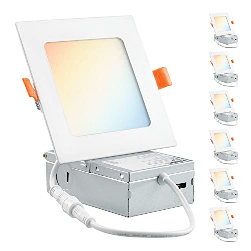 PARMIDA (6 Pack) 4 Inch Square 5CCT Ultra Thin LED Recessed Lighting with Junction Box, 2700K/3000K/3500K/4000K/5000K 5 Color Selectable, 9W, Dimmable, Canless Wafer Slim Panel Lights, IC Rated, ETL by Parmida LED Technologies - Used condition - US$32.18