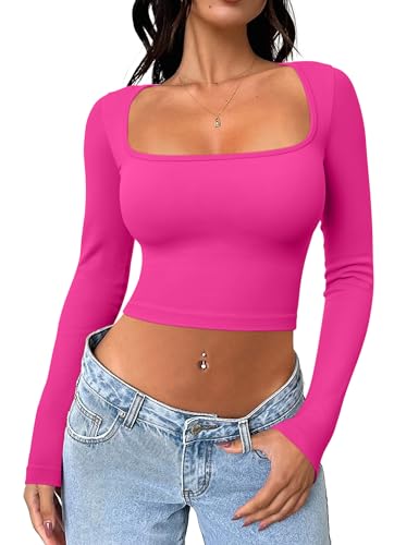 Meyeeka Women's Sexy Long Sleeve Crop top Seamless Square Neck Trendy T Shirt Tops