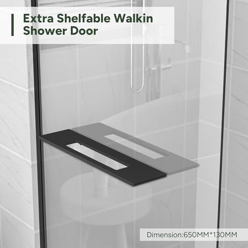 Sunrosa Frameless Glass Shower Panel 34\"×72\", Fixed Shower Glass Panel with Shelves in Matte Black, 3/8\" Tempered Glass Shower Screen for Walk in Shower