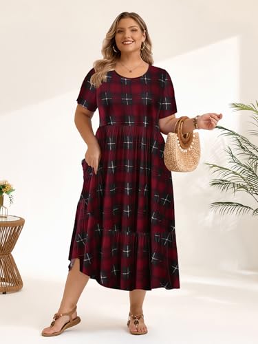 Image of LARACE Plus Size Dresses for Women Summer Casual Short Sleeve Long Dress Flowy Maxi Beach Dresses with Pockets L-6XL