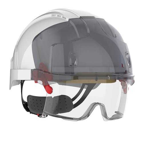 JSP EVO® VISTAlens Schutzhelm – Belüftet – Integriertes Klarsichtvisier (Smoke) – Drehradverschluss – EN397 & EN166 Zertifiziert – Weiß – (Modell: AMB170-005-F00)