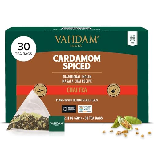 VAHDAM, Cardamom Masala Chai Tea Bags (30 Count) Non GMO, Gluten Free, No Artificial Flavor | Blended w/Exotic Spices | Chai Tea | Resealable Ziplock Pouch | Individually Wrapped