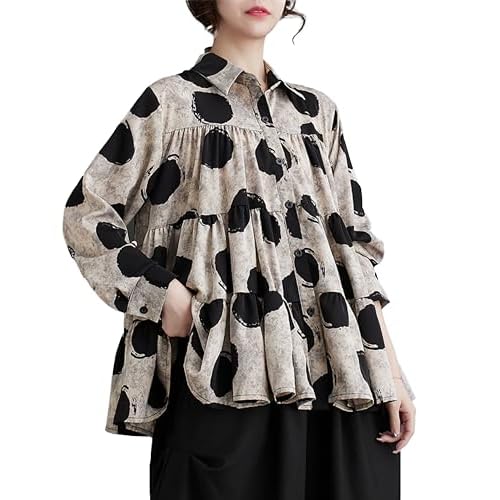 ellazhu Women's Casual Button Down Flowy Hem Polka Dot Oversized Shirt GZ129 A Small-X-Large Black