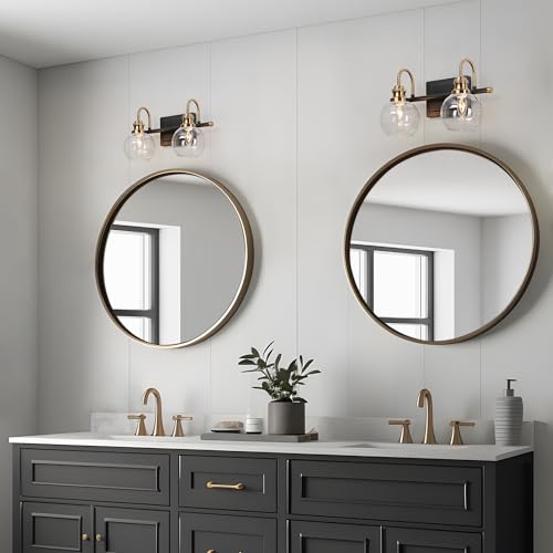 Image of KSANA Black Gold Vanity Light, Modern 2-Light Bathroom Light Fixture with Clear Glass Globes, Electroplating Brass 14.5 inchL Vanity Lighting Over Mirror