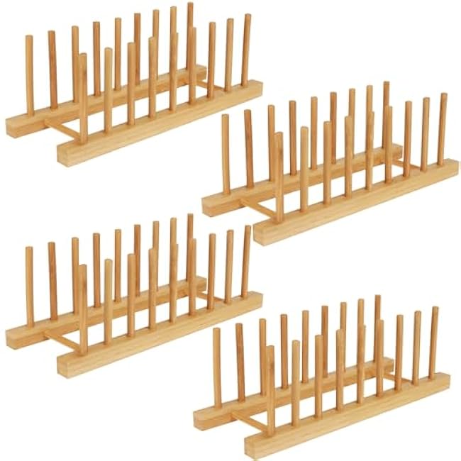 4 Pack Bamboo Wooden Dish Drying Rack, Plate Organizer for Cabinet, Plate Rack Pot Lid Holder for Dishs, Bowls, Cups, Cutting Boards and Books, Kitchen Cabinet Organizer