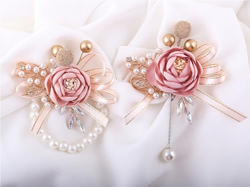 TUAGYMKR Handmade Satin Rose Water Drop Bridal Bouquet,8.7inch Crystal Wedding Round Tossing Bouquet,Jewelry Proposal Bridesmaid Bouquet Groom Corsage Bride Wrist Flower Ivory (Set)