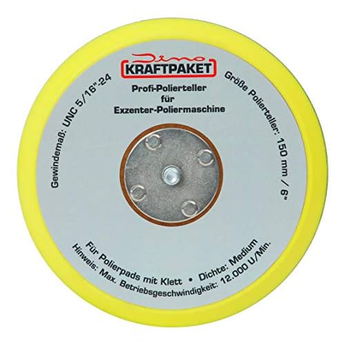 Dino KRAFTPAKET 640223 150mm-Stützteller-5/16-24 mit Klett Polierteller für Exzenter Poliermaschine 600W-8mm, 650W-9mm Hub, Gelb