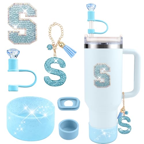 Hpebl 6PCS Blue for Stanley Cup Accessories Set 30/40 OZ Bling Rhinestone Initials Charms for Stanley Decorations Tumbler Accessories Including Diamond Straw Topper, Spill Stopper（Letter K） - image 1