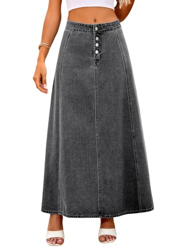 ebossy Women's Classic A-line Maxi Denim Skirts Casual High Waisted