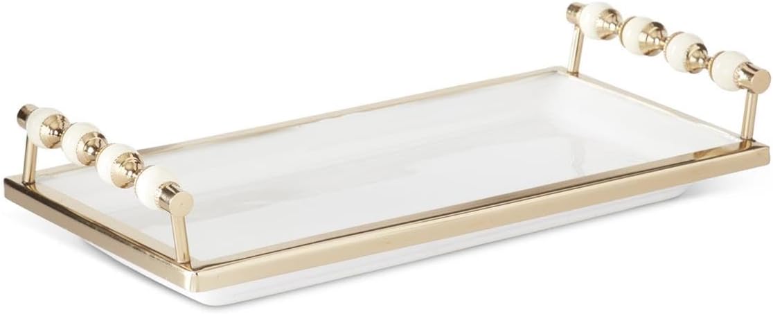 K&K Interiors Rectangular White Ceramic Tray with Brass Rim, 15.25-Inch