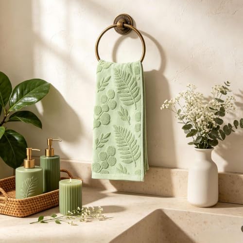 yuboo 2 Pcs Green Leaf Kitchen Towels, 3D Tufted Decorative Soft Cotton Absorbent Hand Towels Set, Summer Farmhouse for Dorm Home Bathroom Gift Giving 13"x29" — view 4