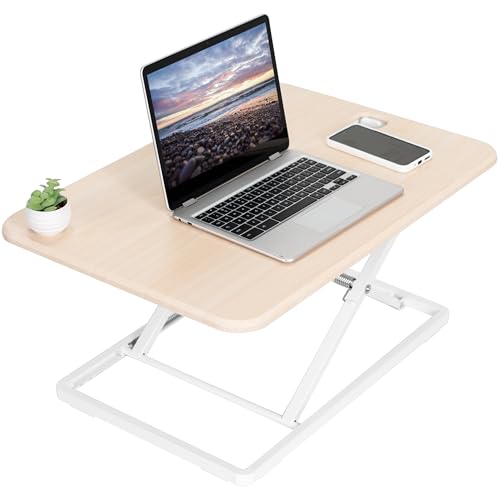 Image of VIVO Ultra-Slim Single Top Height Adjustable Standing Desk Riser, Compact Sit Stand Desktop Converter for Monitor or Laptop, Light Wood, DESK-V001JF