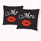AShanlan Partner Kissenbezug 2er Set 80x80 cm Mr Mrs Schwarz Rot Lippen Ornamente Wendemotiv Microfaser Doppelpack Dekorativ Kissenbezüge Kissenhülle mit Reißverschluss